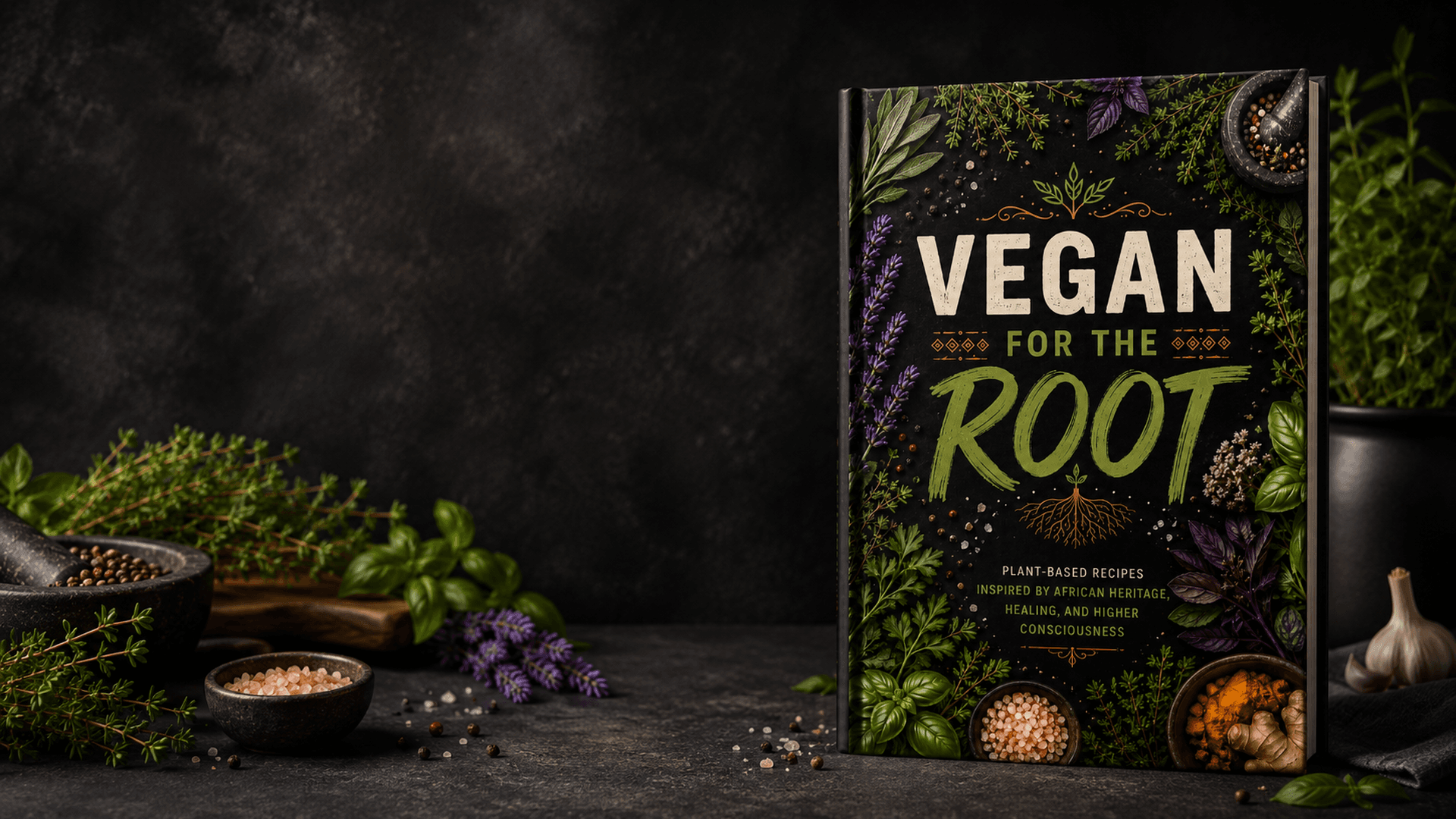 Vegan For The Root cookbook standing among fresh herbs, spices, and a mortar and pestle — plant-based recipes inspired by African heritage, healing, and higher consciousness